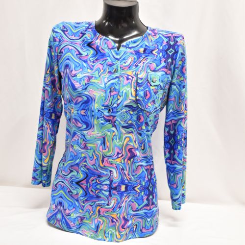 Royal Blue Print Top With Pocket & Button Detail