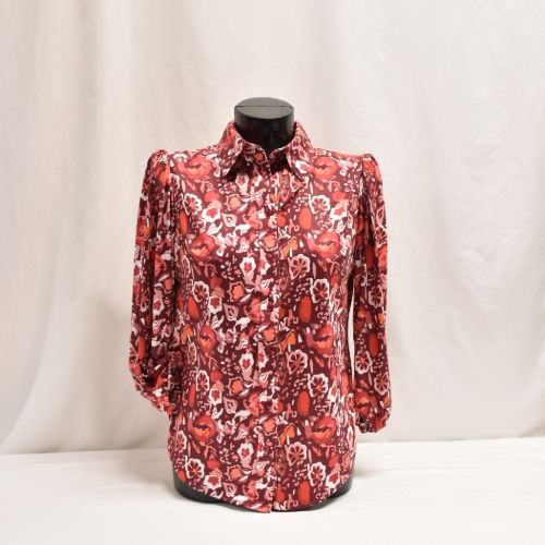 Red Print Blouse With Collar