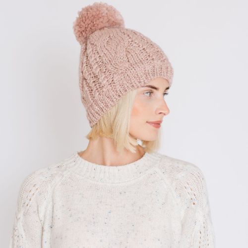 Lurex Cable Fleece Lined Hat With Bobble