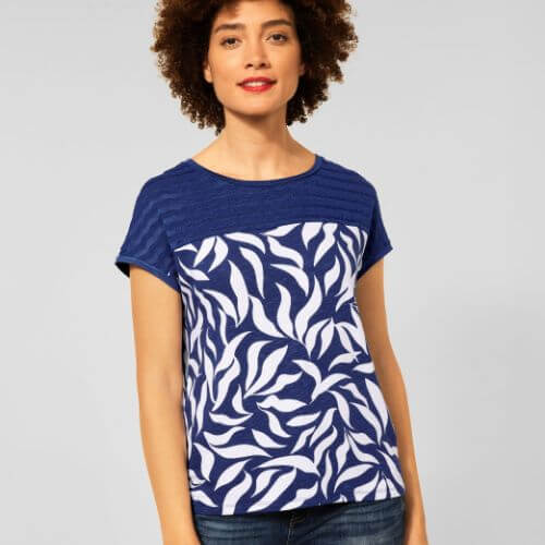 Street One Navy Print T-shirt With Lace Detail
