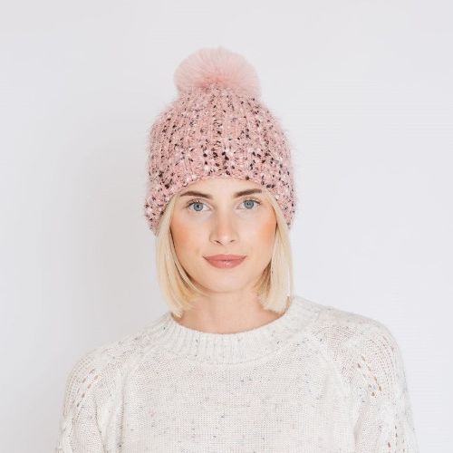 Fluffy Pink Fleece Lined Ribbed Hat With Bobble