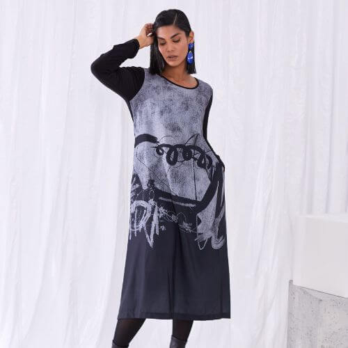 ORA Black And Grey Border Print Dress (size 14/16)
