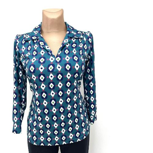 YEW Teal Print V-neck Top
