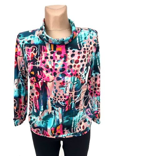 YEW Turquoise & Pink Rolled Neck Print Top