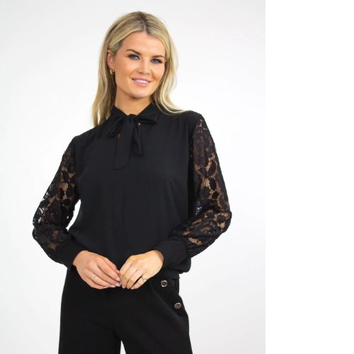 Kate & Pippa Black Bella Bow Band Top With Lace Sleeves