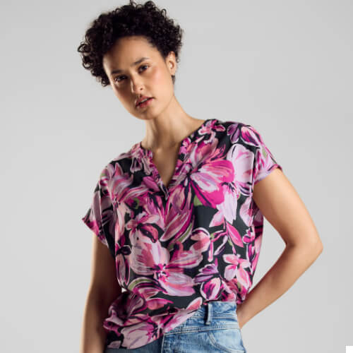 Street One Floral Print Top With Slit Crew Neck