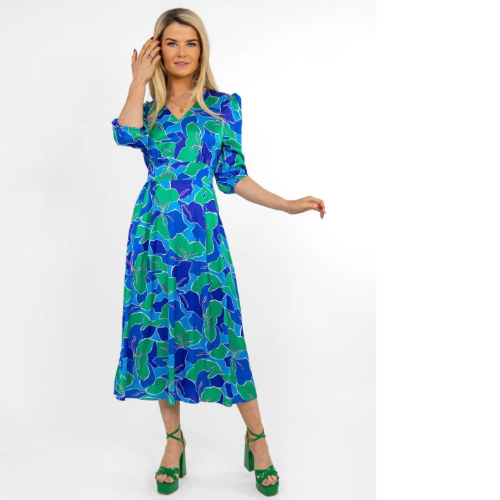 Kate & Pippa Audrey Style Midi Blue & Green Print Dress