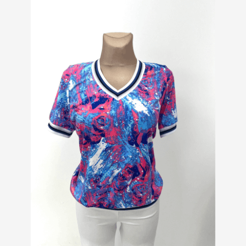 Yew Blue & Pink Print V Neck Top