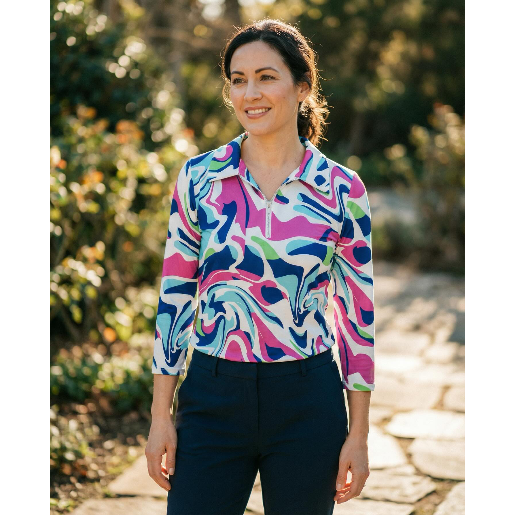 YEW Aqua & Pink Top With Collar