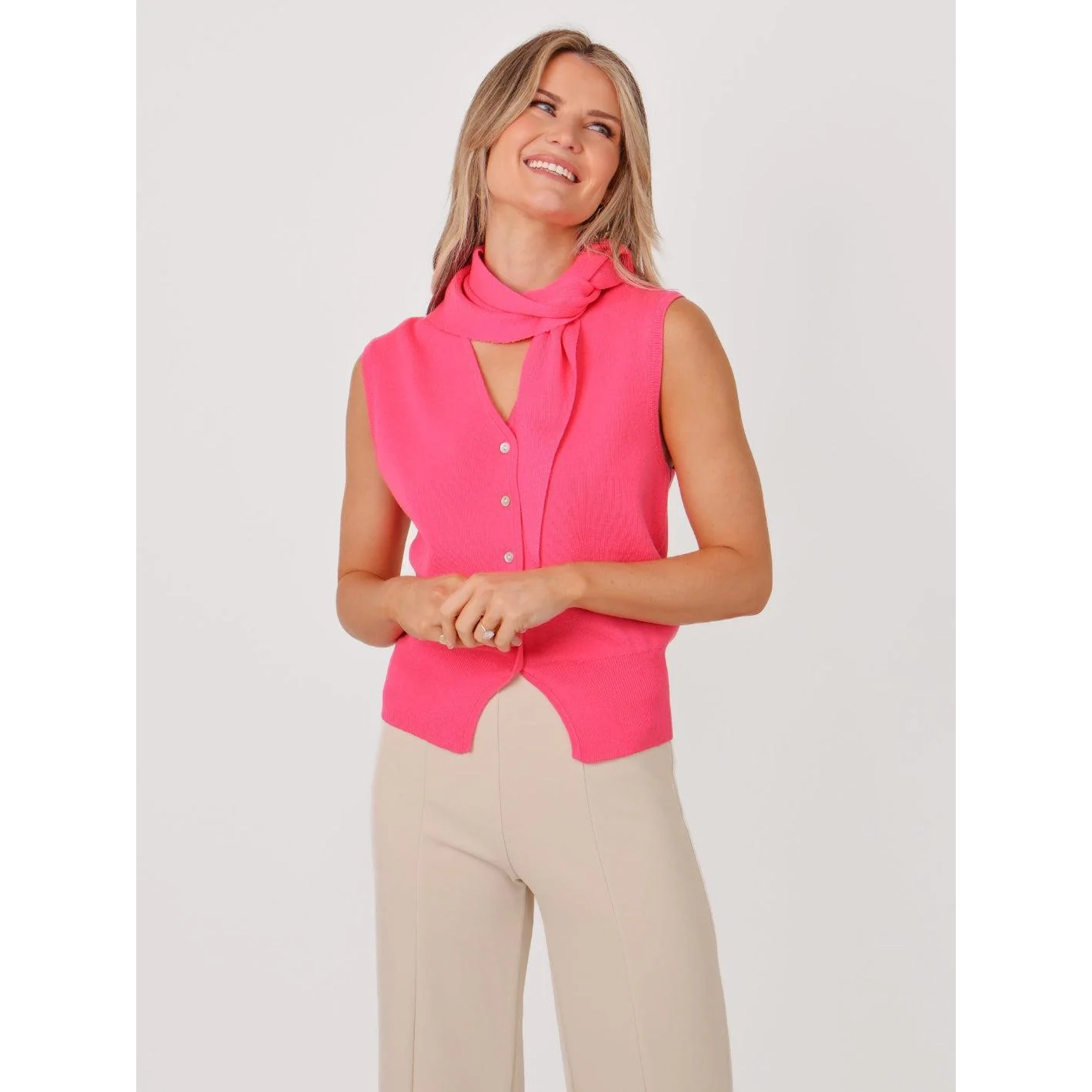 Kate & Pippa Robyn pink knit waistcoat with neck scarf - Image 4