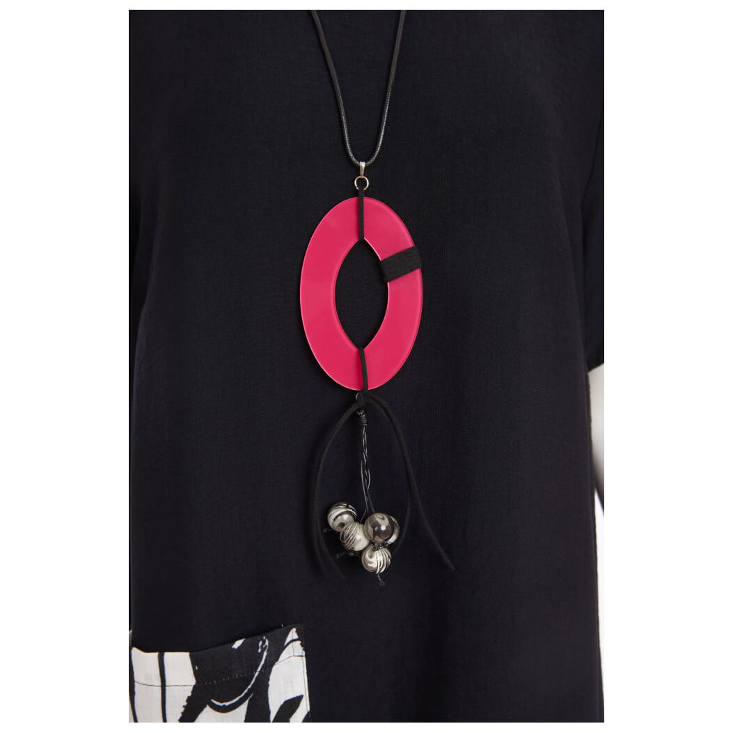 ORA round neck dress with print panels & colour band - Image 3