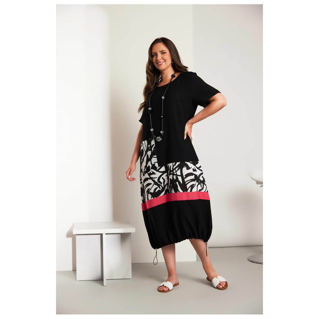 ORA round neck dress with print panels & colour band - Image 5