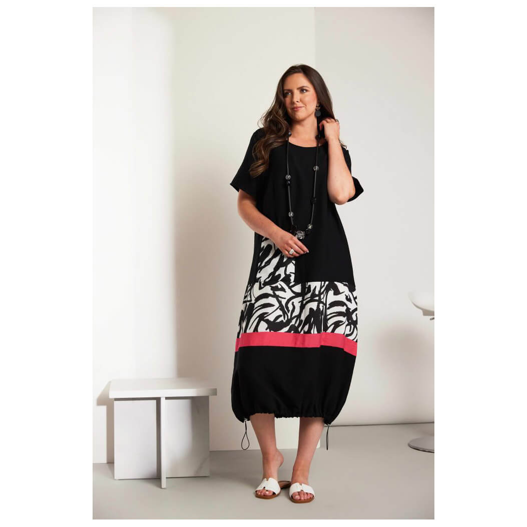 ORA round neck dress with print panels & colour band - Image 6