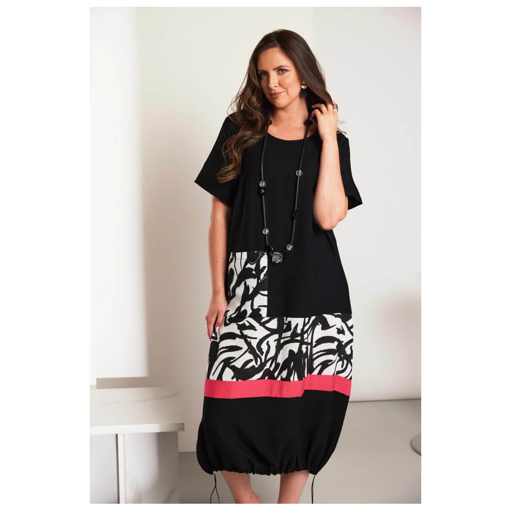 ORA round neck dress with print panels & colour band - Image 7