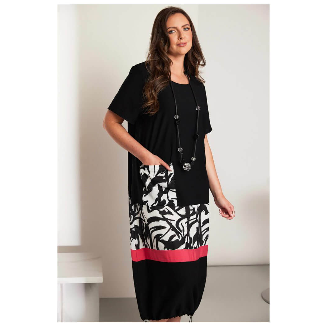 ORA round neck dress with print panels & colour band - Image 8