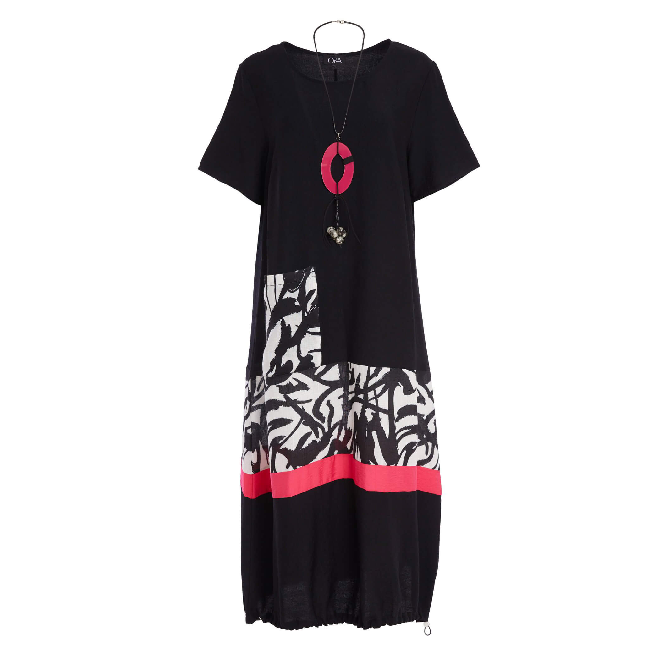 ORA round neck dress with print panels & colour band - Image 9