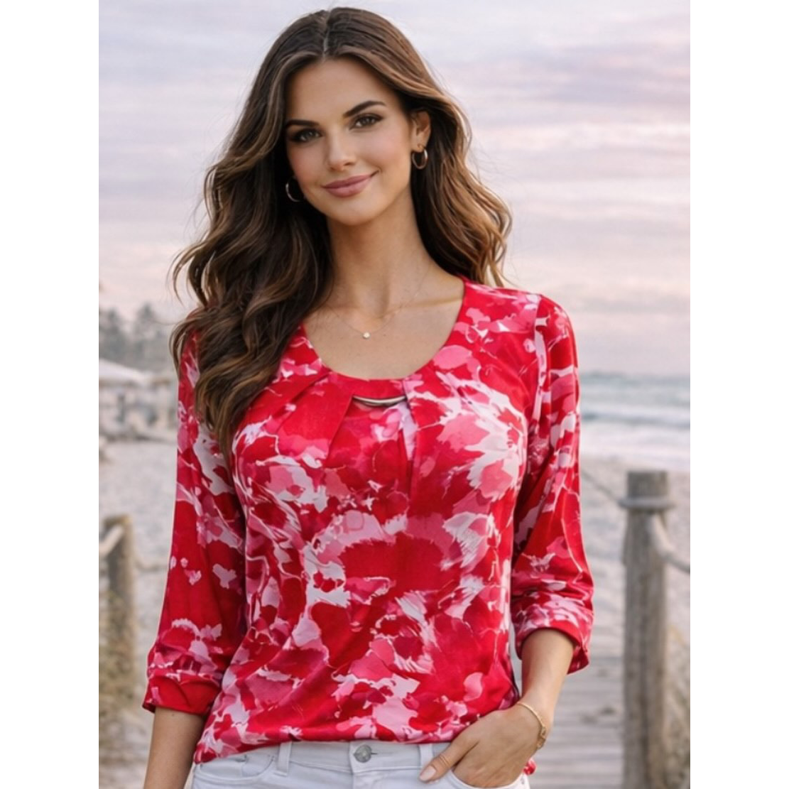 YEW Red Print Round Neck Top