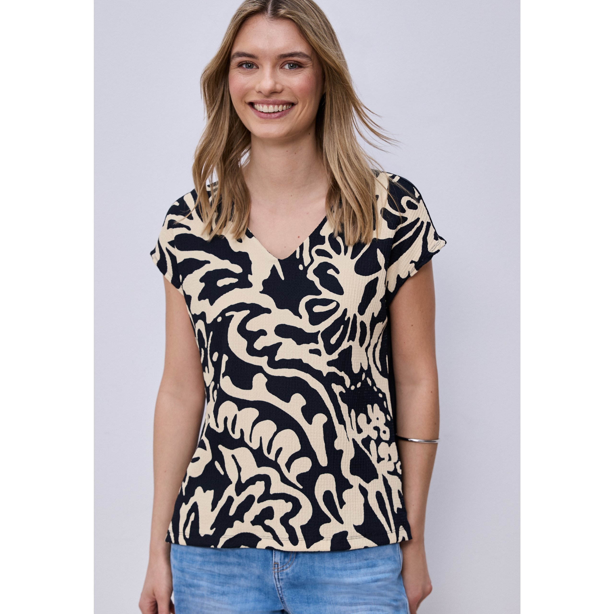 Street One Navy Print Top With Split Neckline