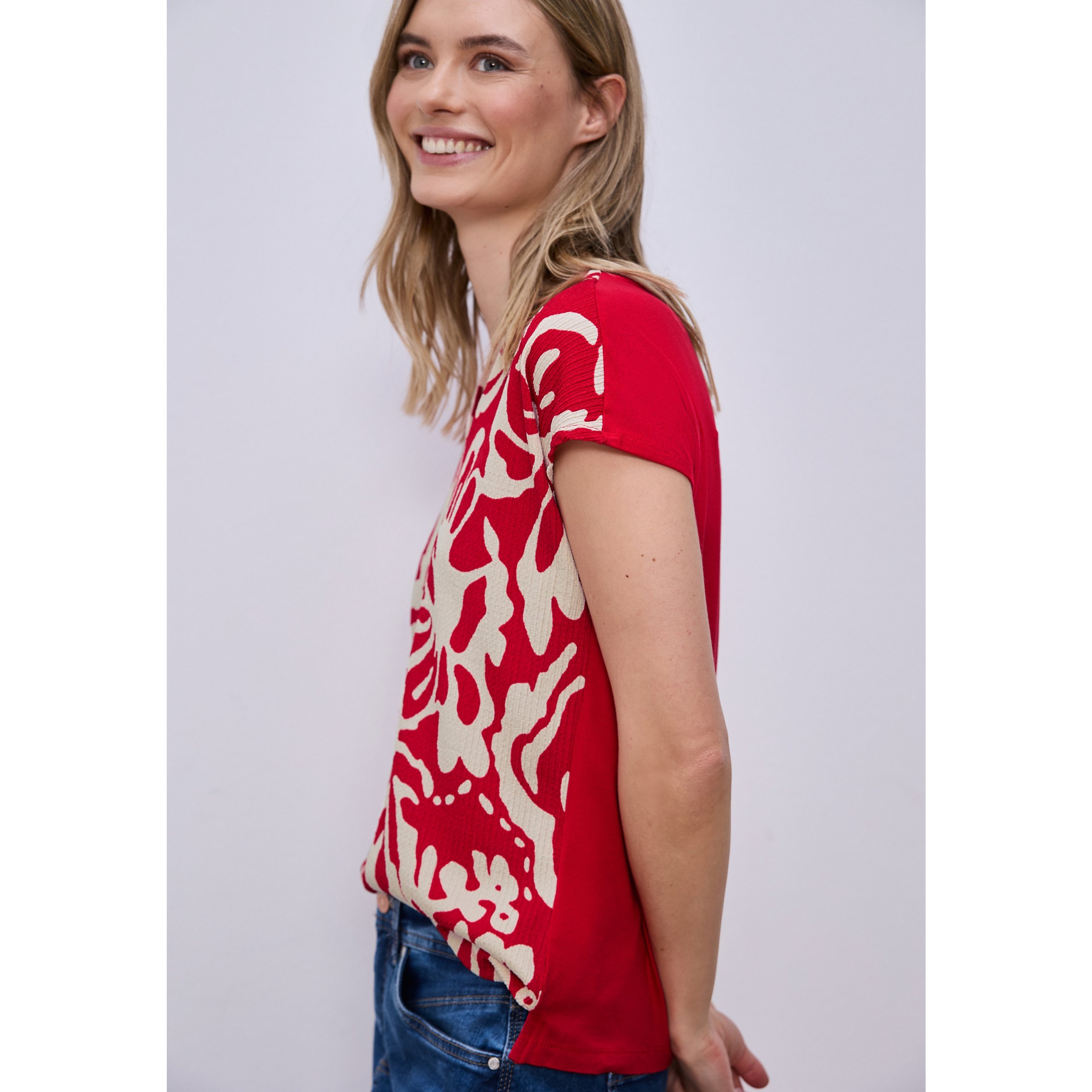 Street One Salsa Red Print Top With Split Neckline