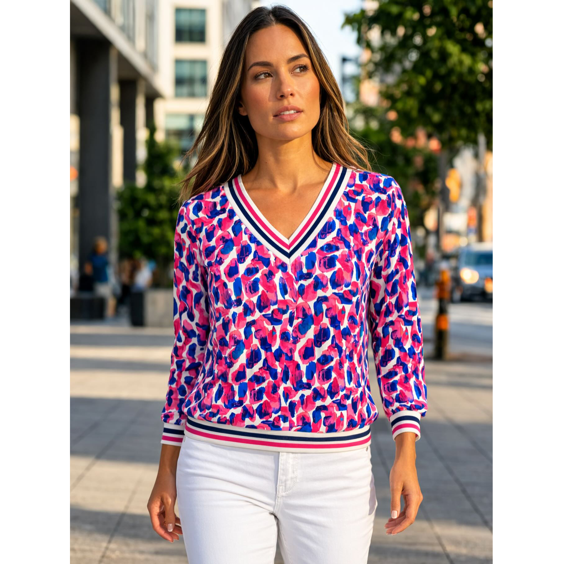 YEW V-neck Top With Striped Band & Cuff