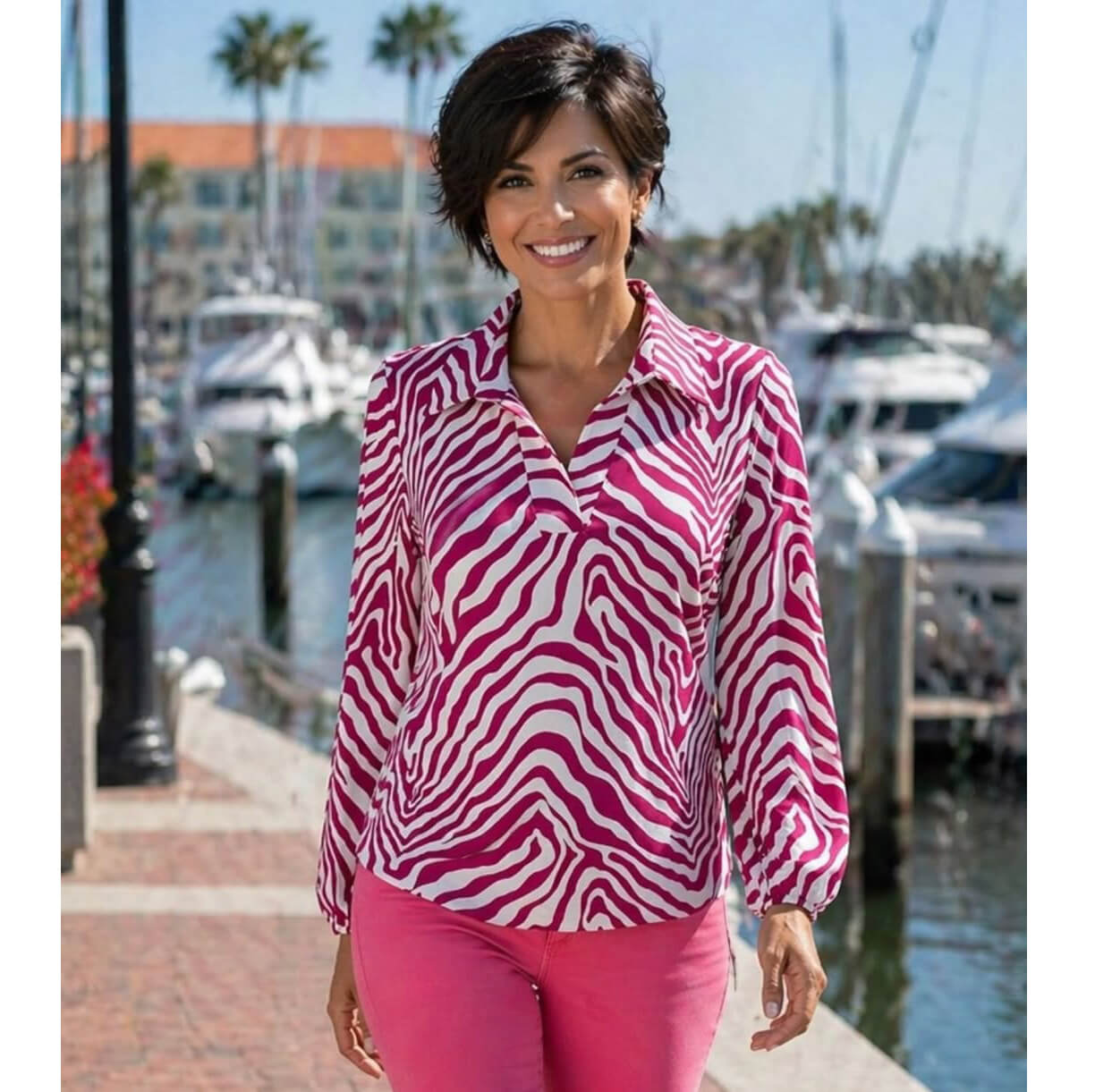 YEW Pink & White Top With Collar