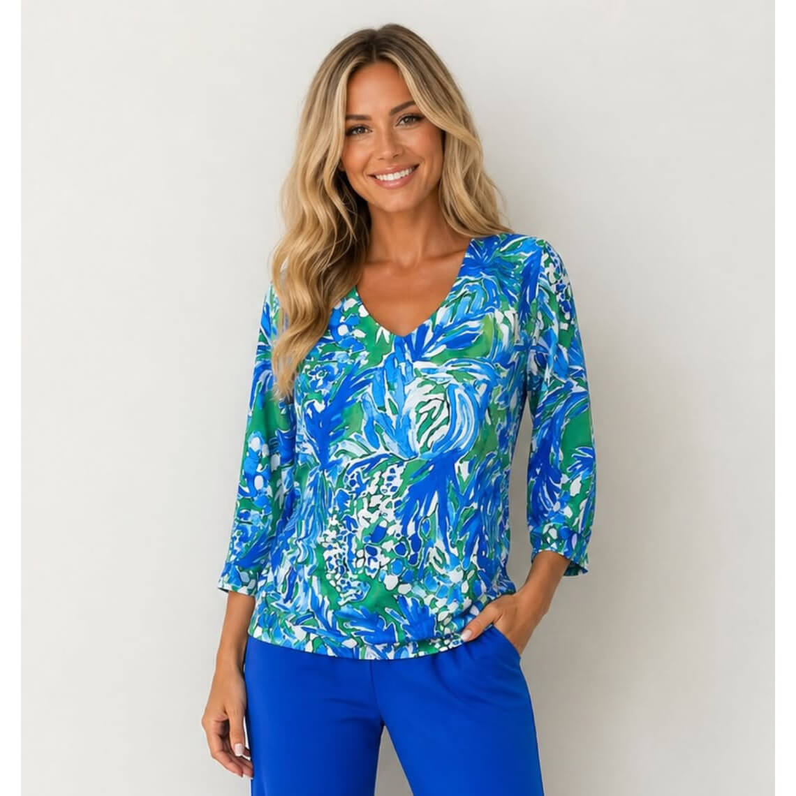 YEW Blue & Green Print Top