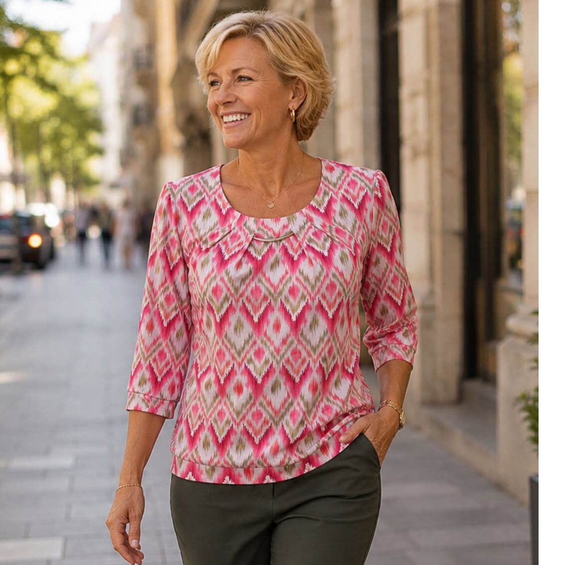 YEW Coral And Green Print Top