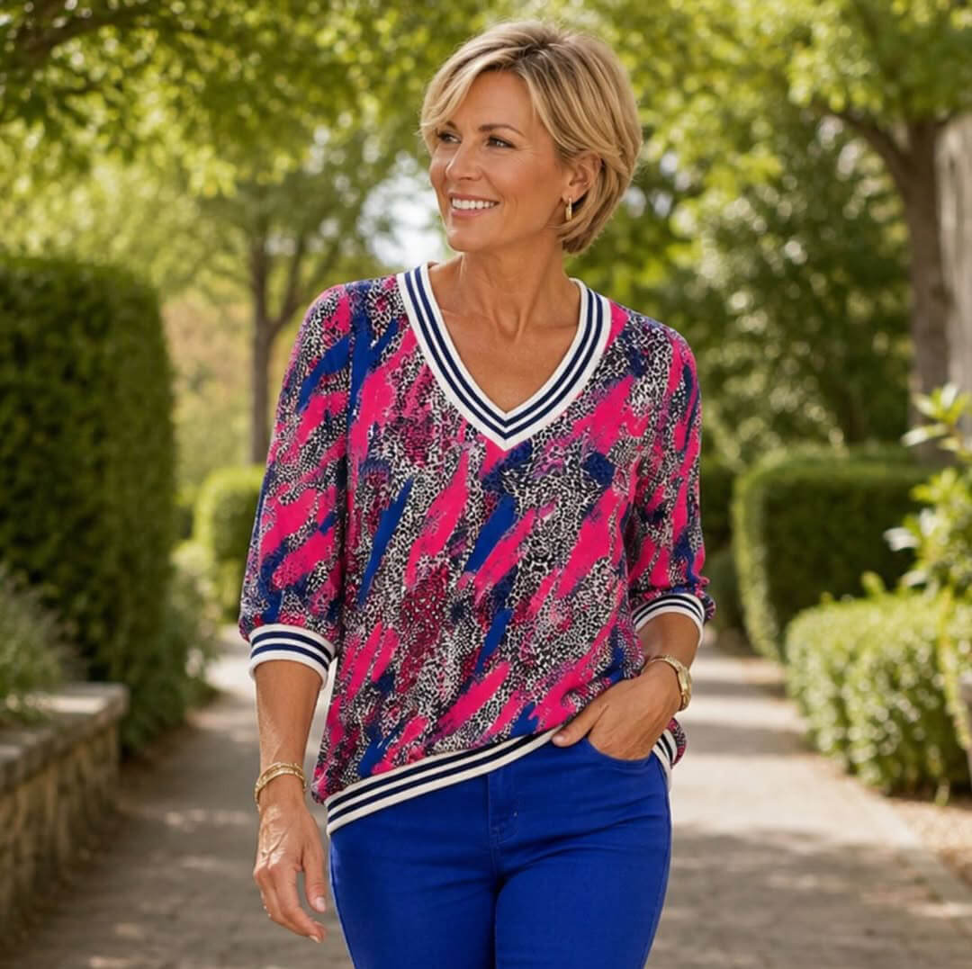 YEW Royal, Pink And White V-neck Top