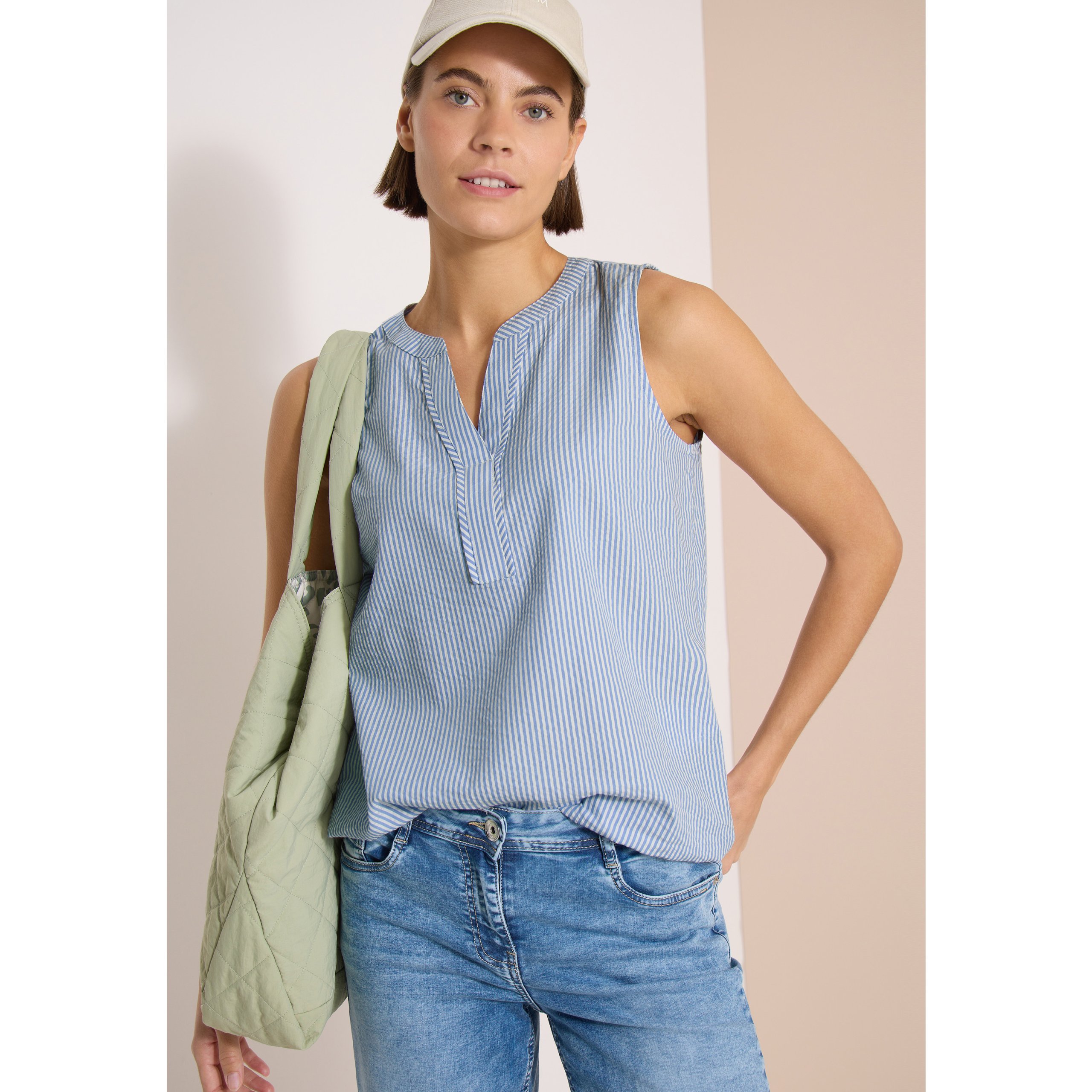 Cecil Seersucker Blue Sleeveless Top