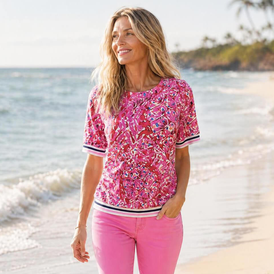 Yew Print Top With Striped Band