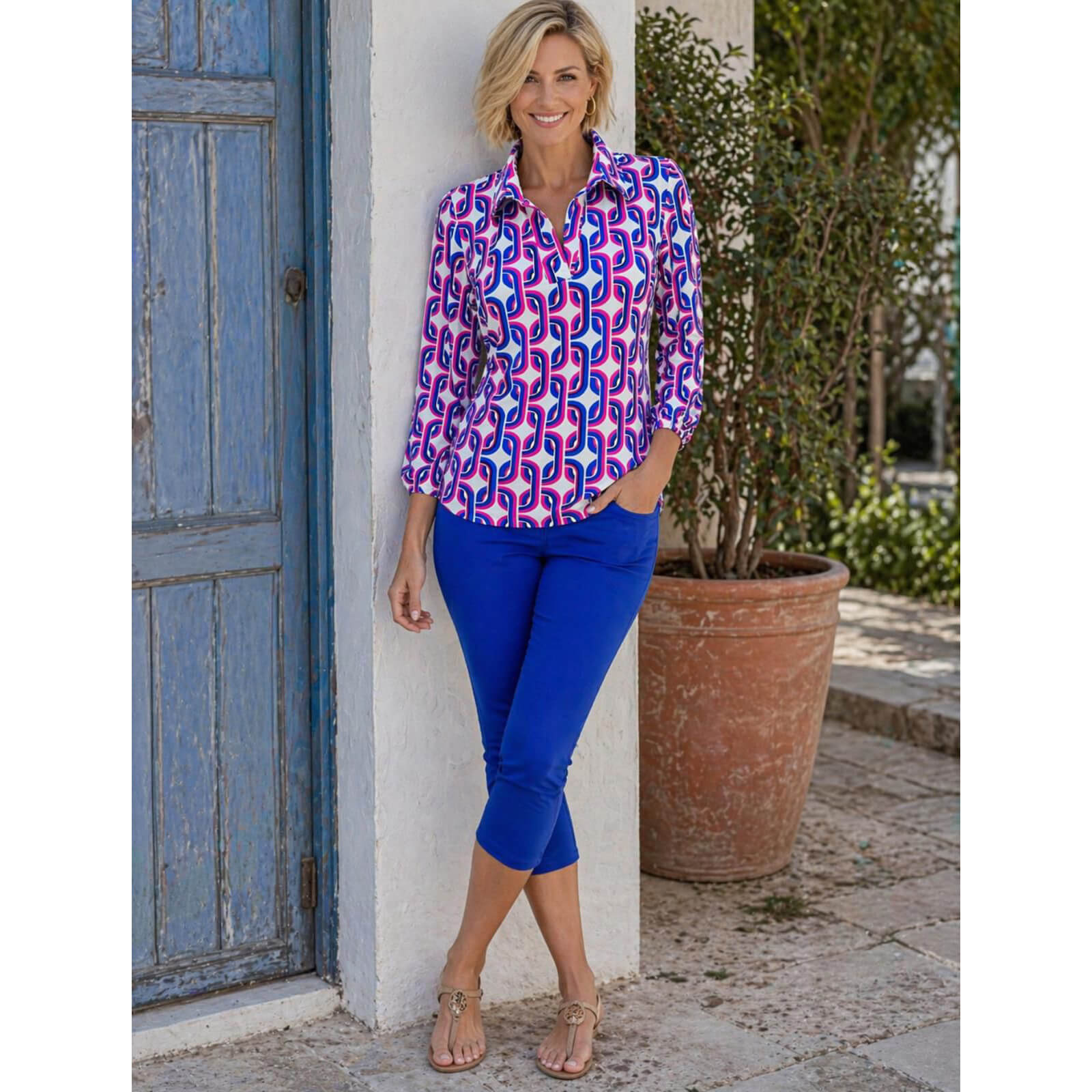 YEW pink, white & blue print top with collar