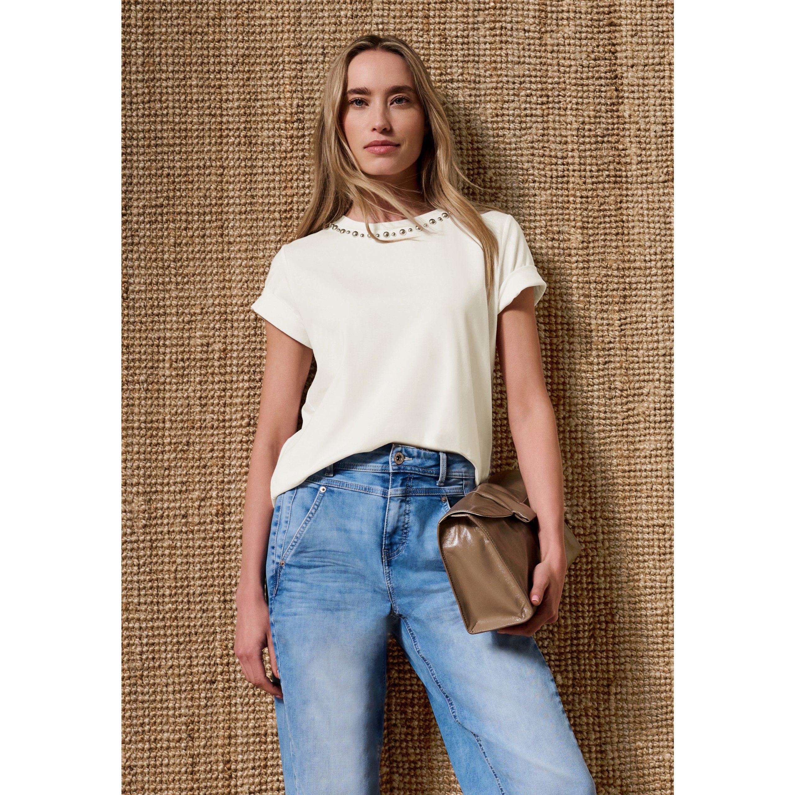 Street One Off White T-shirt With Round Neck And Decorative Details