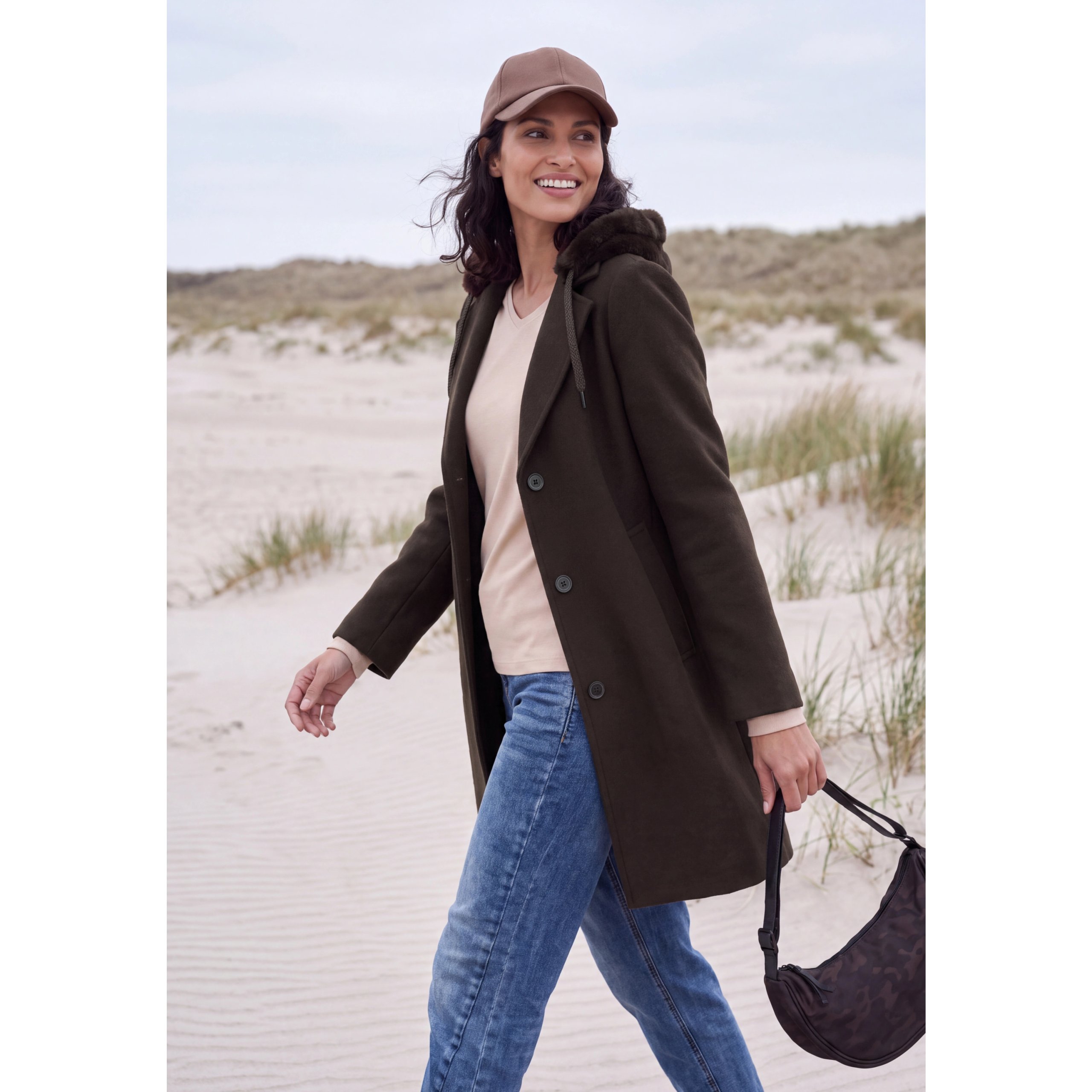 Cecil Brown Wool Mix Coat With Removable Fur Inlay