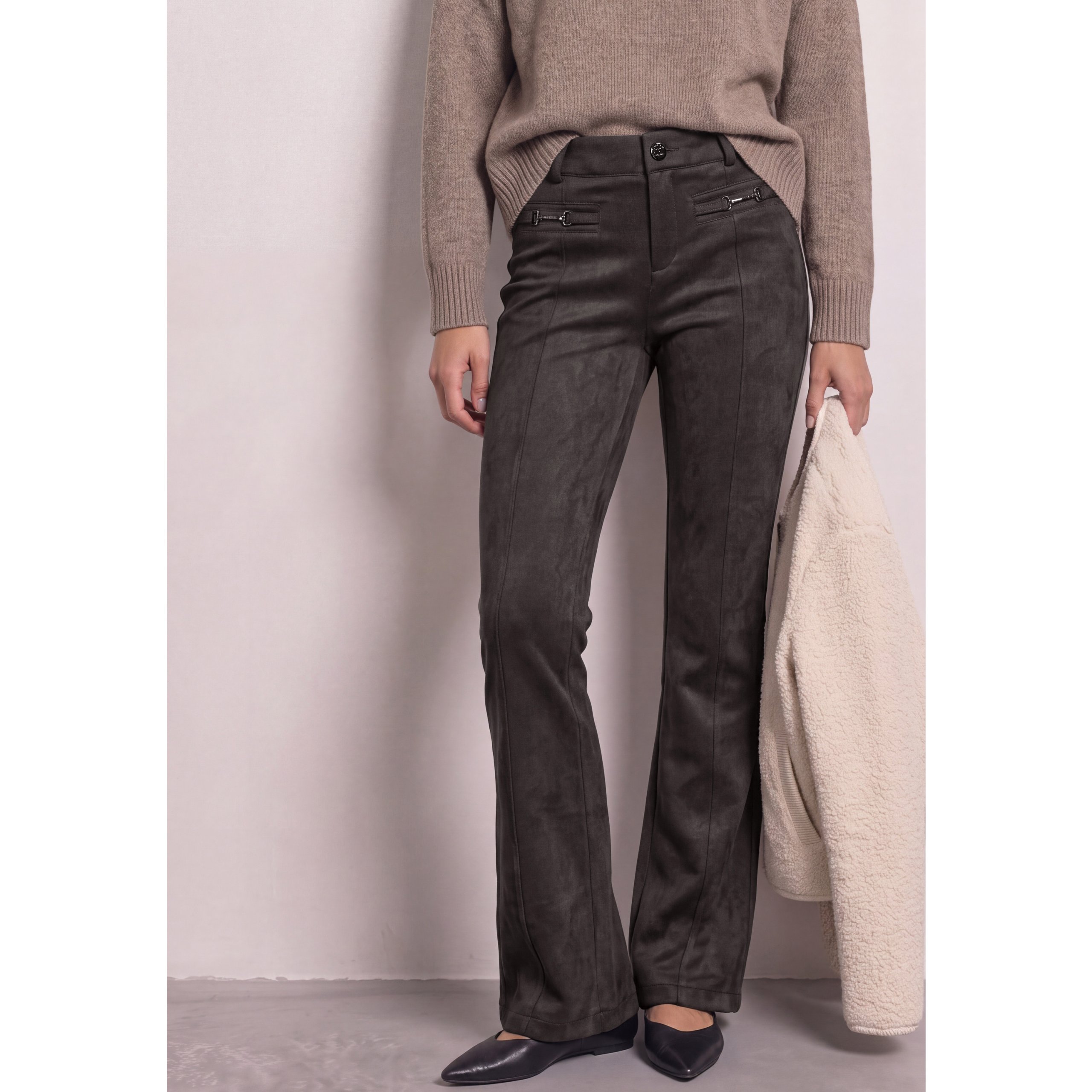 Street One Dark Brown Velour Bootcut Trousers